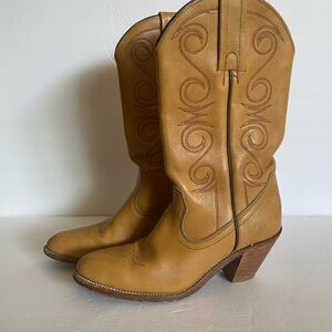 Frye Tan Heeled Boots with Decorative Stitching